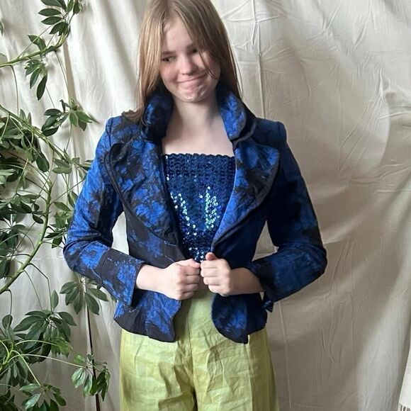 Blue & Black Ruffle Collar Blazer - Picture 9 of 16